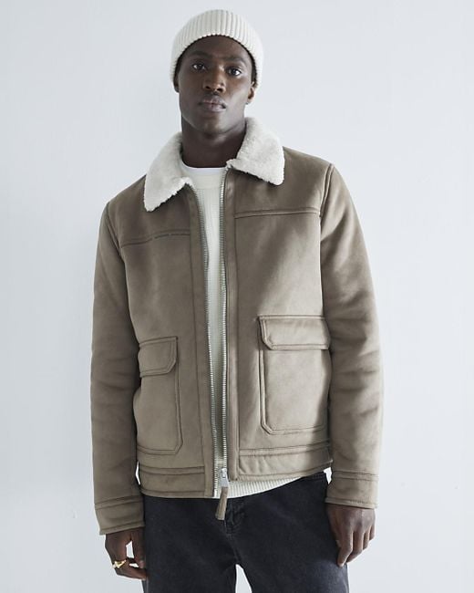 River Island Gray Regular Fit Faux Fur Shearling Jacket for men