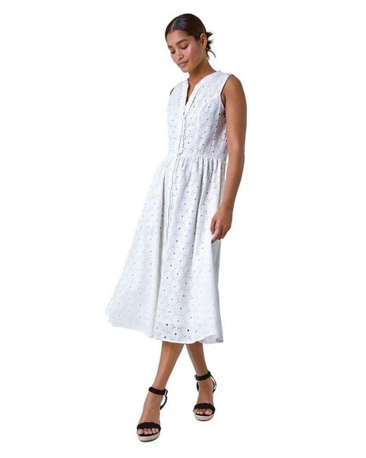 Roman White Floral Cotton Broderie Midi Dress