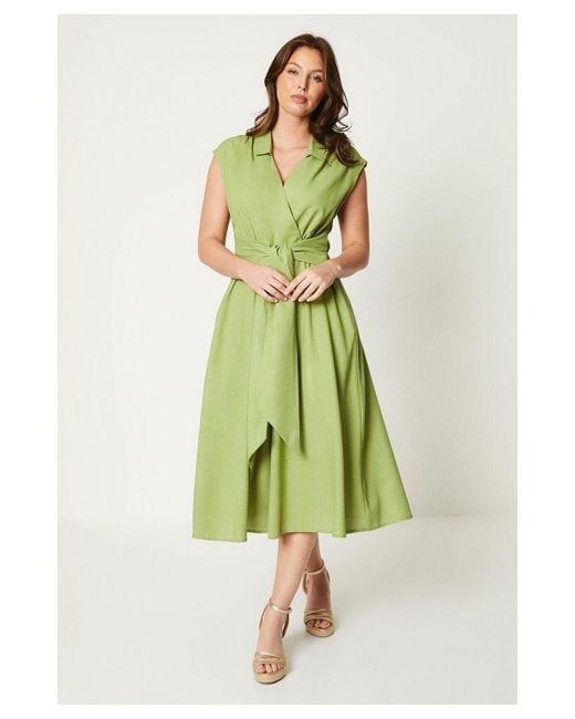 PRINCIPLES Green Linen Blend Belted Midi Dress
