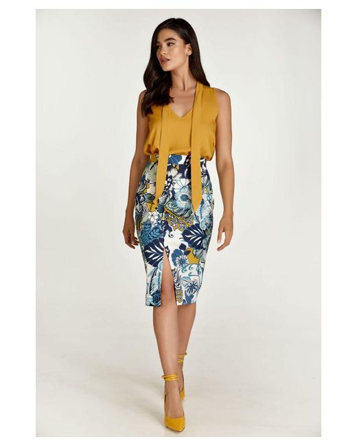Conquista Blue Floral Cotton Pencil Skirt