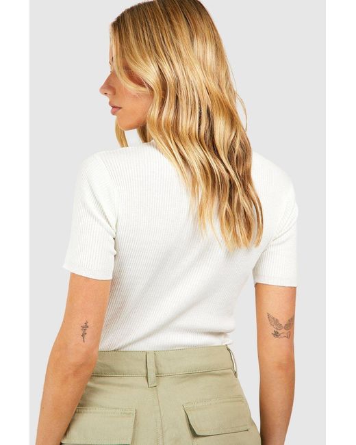 Boohoo White Rib Knit Crew Neck Short Sleeve Knitted Top