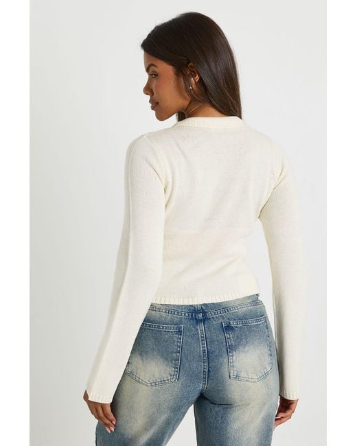 Boohoo White Rib Knit Collared Knitted Cardigan