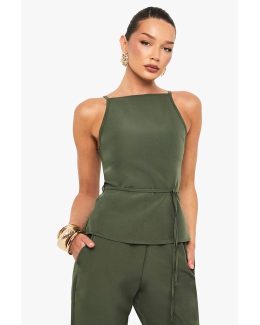 Boohoo Green Woven Strappy High Neck Tie Waist Top