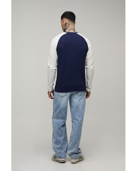 BoohooMAN Blue Tall Relaxed Fit Washed Knee Dart Jeans for men