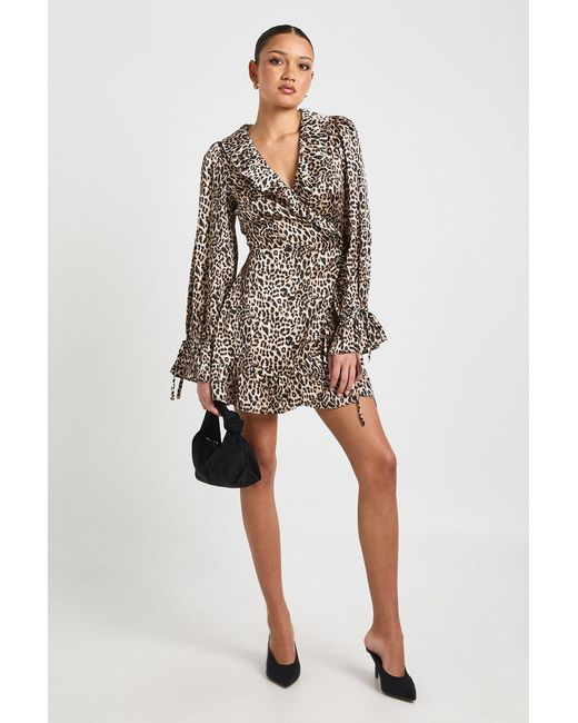 Boohoo Natural Print Ruffle Wrap Mini Dress