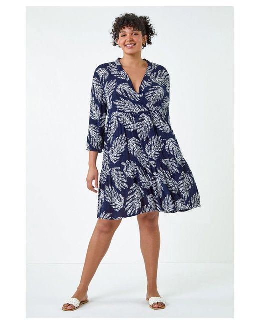 Roman Curve Blue Leaf Print Wrap Smock Dress