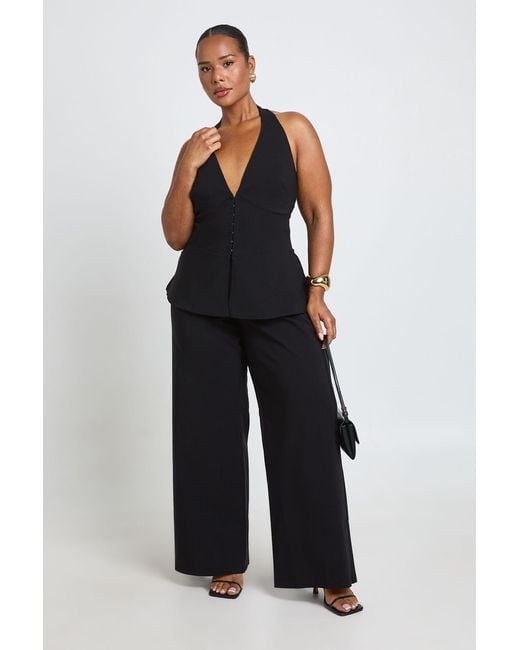 Boohoo Blue Plus Bengaline Hook And Eye Haterneck Corset Top & Wide Leg Trouser Co Ord