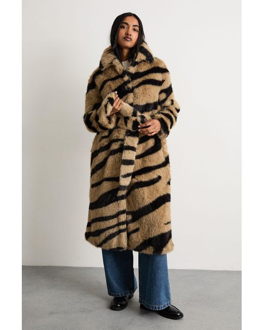Warehouse Multicolor Faux Fur Zebra Print Coat