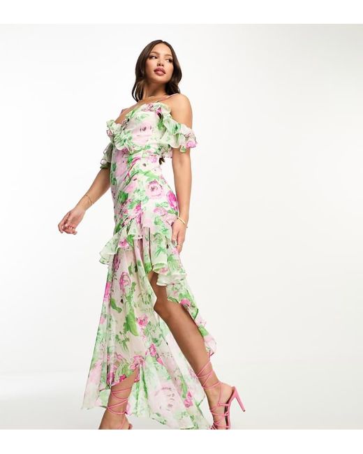 ASOS White Design Ruffle Off Shoulder Assymetric Maxi Dress