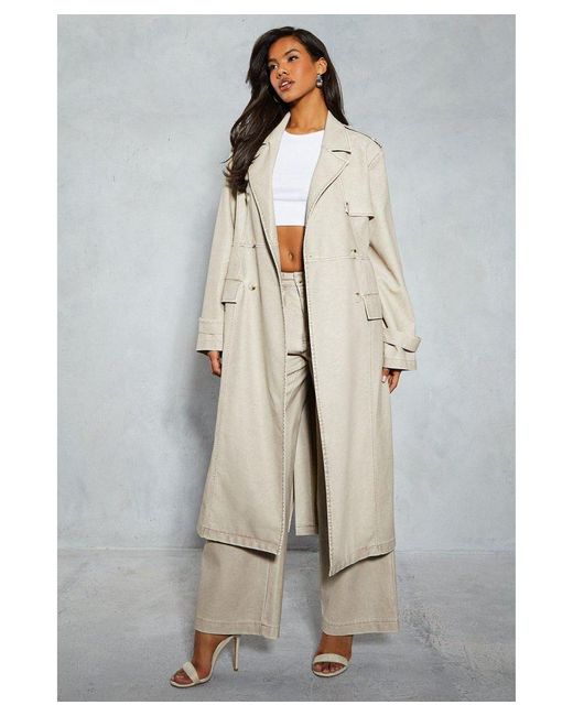 MissPap Gray Leather Look Longline Belted Trench Coat