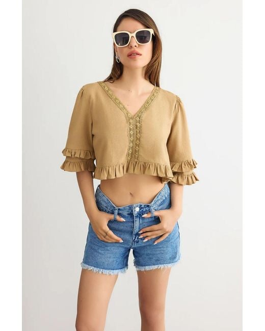 Hiccup Blue Cropped V-Neck Ruffled Blouse