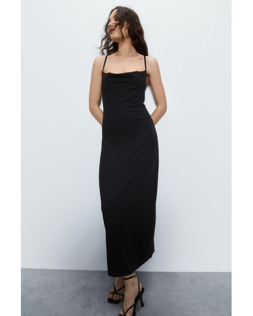 Warehouse Black Ribbed Cowl Neck Midaxi Cami Dress