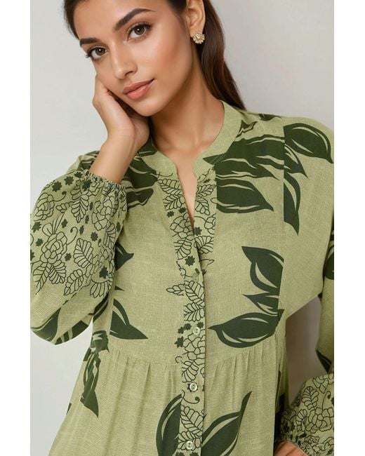 Hiccup Green Printed Long Sleeve Viscose Maxi Dress