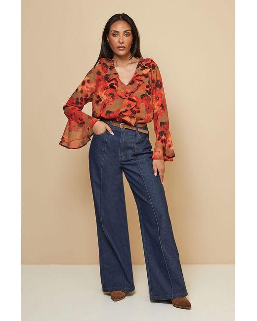 Wallis Blue Petite Floral Print Ruffle Detail Blouse