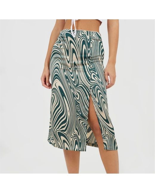 Brave Soul Blue Swirl Print Skirt With Buttons And Split
