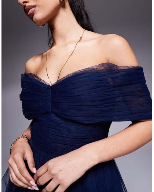 LACE & BEADS Blue Bow Off Shoulder Tulle Maxi Dress