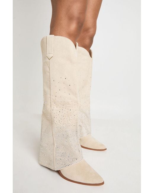 Boohoo Natural Fold Over Embellished Knee High Western Boots