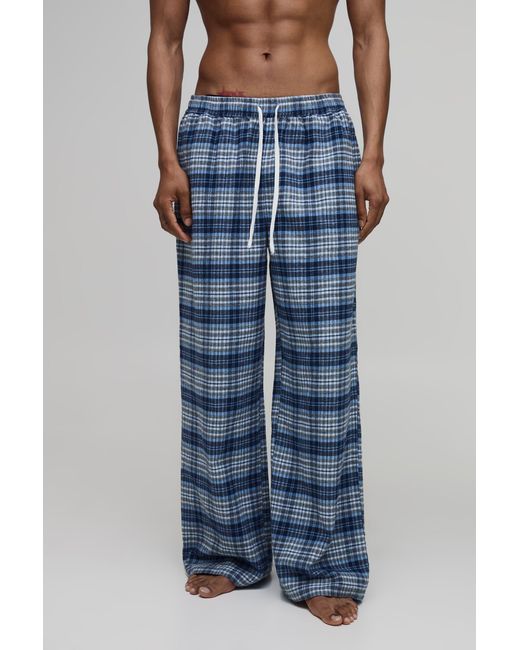 BoohooMAN Blue Wide Leg Check Lounge Bottoms for men