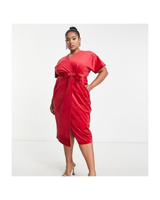 Closet Red Plus Kimono Sleeve Velvet Midi Dress With Wrap Tie