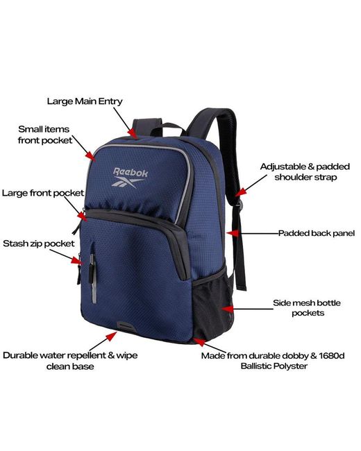 Reebok Blue Water-Repellent Backpack Multiple Pockets