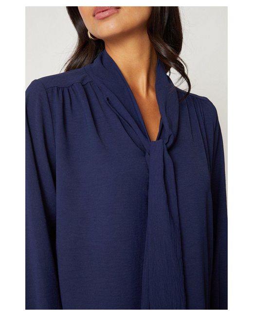 Wallis Blue Tie Neck Shirred Cuff Top