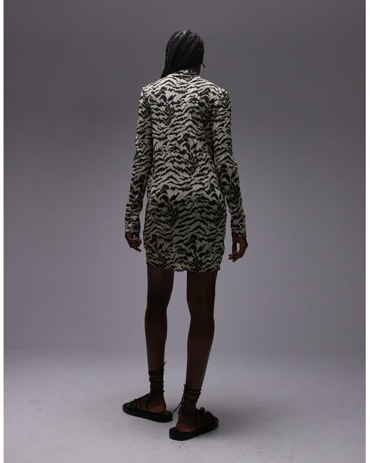 TOPSHOP Gray Long Sleeve Crinkle Print Mini Dress