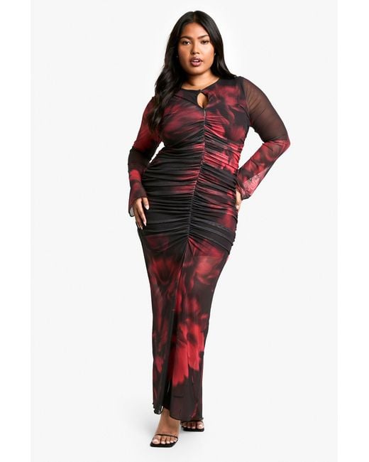 Boohoo Red Plus Floral Mesh Keyhole Midaxi Dress