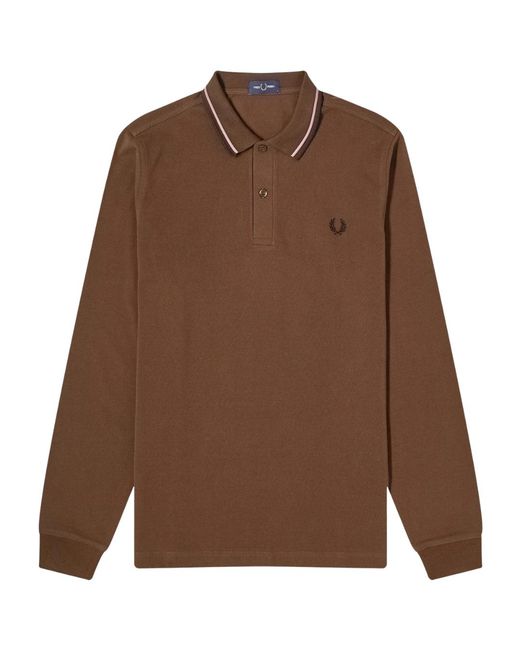 Fred Perry Brown Twin Tipped Collar Burnt Tobacco Long Sleeve Polo Shirt for men