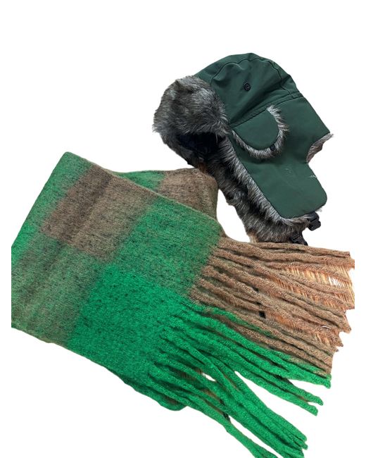 SVNX Green Khaki Trapper & Check Scarf Set for men