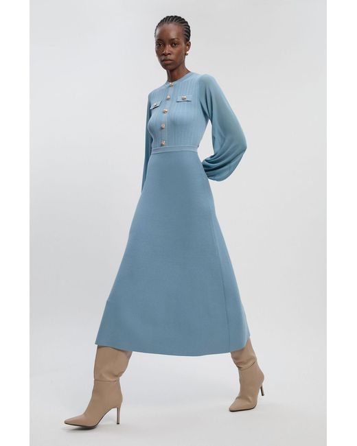Karen Millen Blue Viscose Blend Maxi Knit Dress With Chiffon Sleeve Military Trim