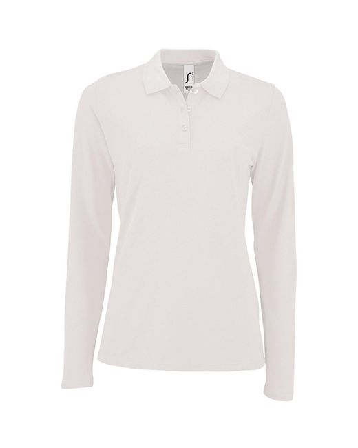 Sol's White Ladies Perfect Long Sleeve Pique Polo Shirt Cotton