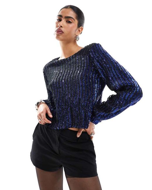 Object Blue Long Sleeved Sequin Top