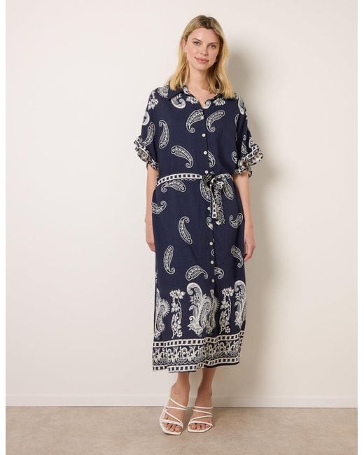 Blue Vanilla Blue Paisley Print Belted Shirt Dress