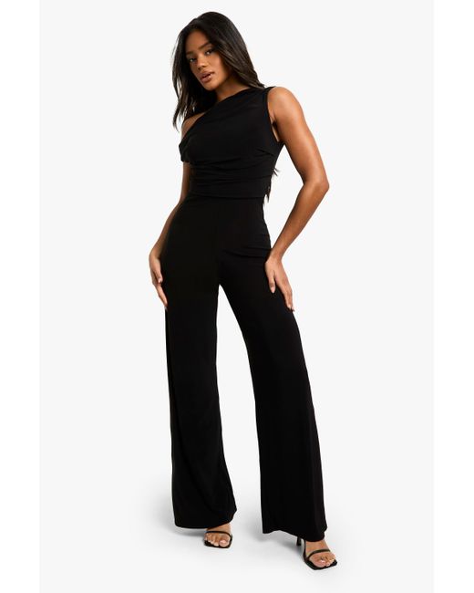 Boohoo Black Ruched Asymmetric Wide Leg Jumpsuit