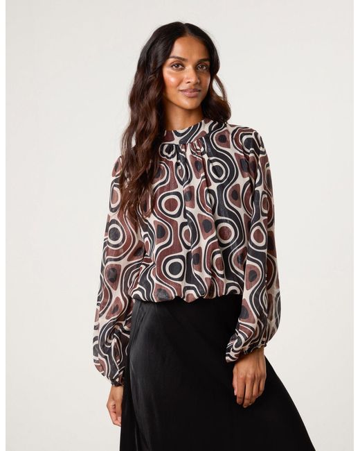 Blue Vanilla Black High Neck Puffball Geometric Top