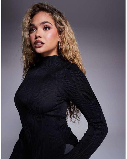 ASOS Blue Plisse Long Sleeve Top With Grown On Neck