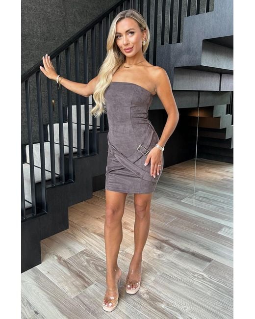 AX Paris Black Greige Faux Suede Strapless Cross Belt Detail Mini Dress