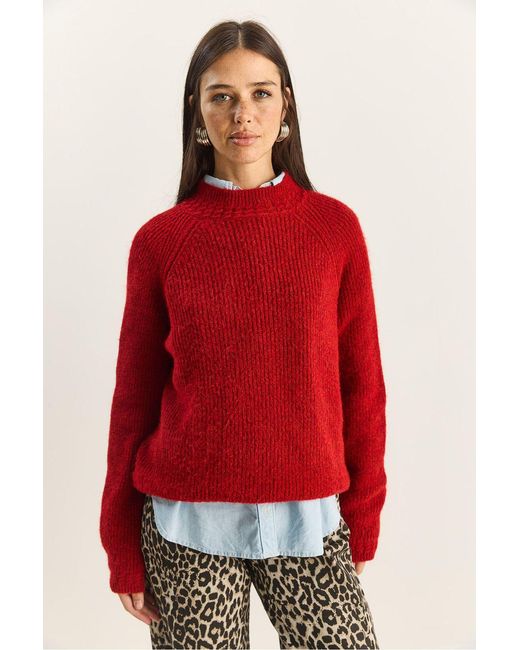 Bianco Lucci Red Oversized Crew Neck Knit Sweater