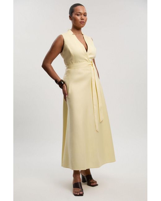 Karen Millen Natural Plus Size Tailored Linen Wrap Tie Waisted Maxi Dress