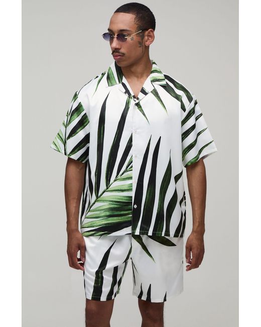 BoohooMAN Gray Oversized Short Sleeve Palm Print Satin Shirt & Set for men