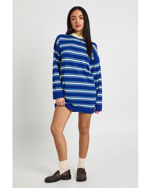 Boohoo Blue Stripe Long Sleeve Knitted Mini Dress