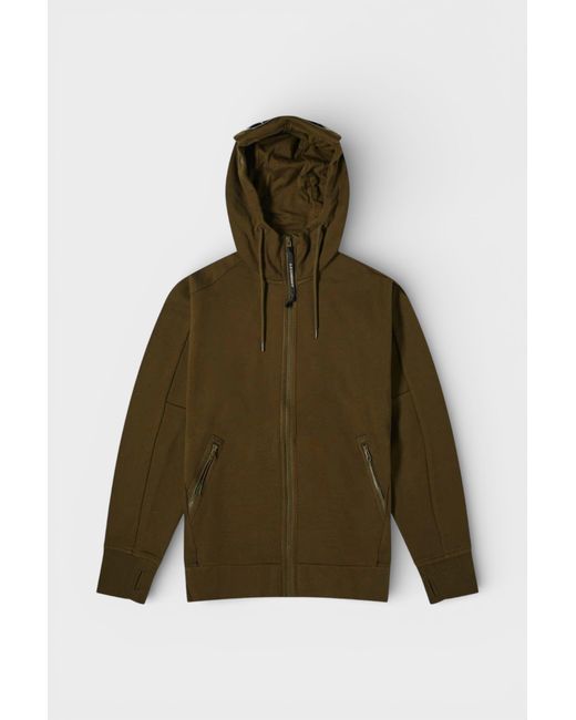 C P Company Green Diagonal Fleece Zip Goggle Hoodie Ivy