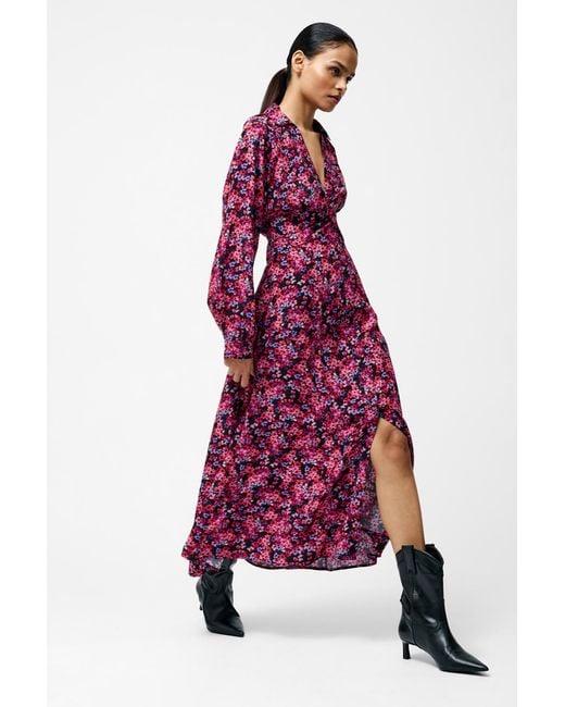 French Connection Red Long Sleeve Floral V-Neck Collar Midi Dress