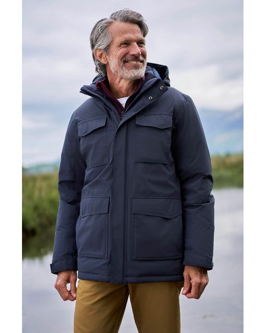 Mountain Warehouse Blue 'Concord' Extreme Down Jacket Waterproof Hooded Full Zip Long Winter Coat for men