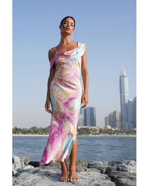 Quiz Blue Marble Print Satin Midaxi Dress