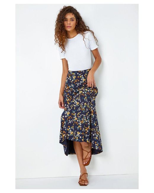Roman Blue Ditsy Floral Print Elastic Waist Midi Skirt
