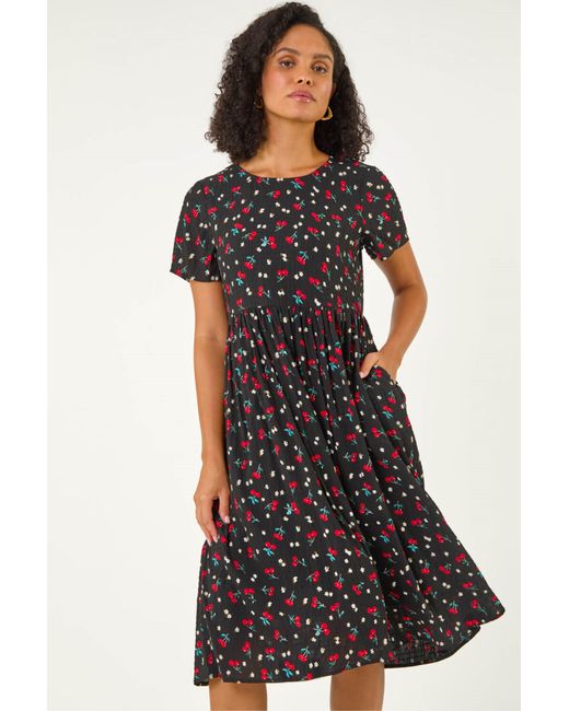 Roman Black Cherry Print Midi Smock Dress