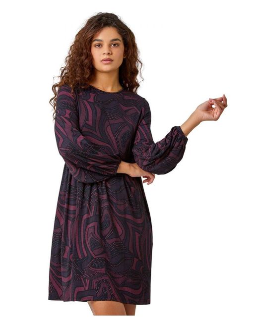 Roman Purple Swirl Print Pocket Stretch Smock Dress