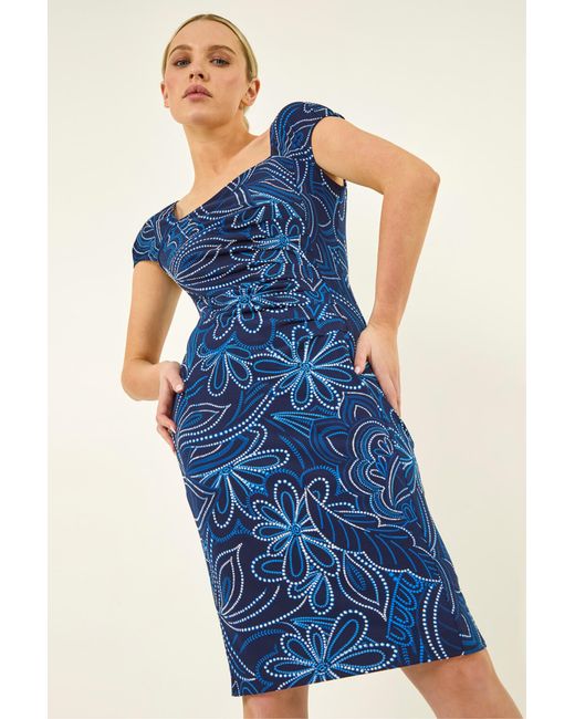 Roman Blue Petite Leaf Print Gathered Stretch Dress