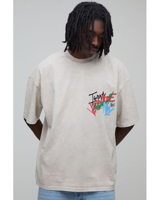BoohooMAN Gray Oversized Acid Wash Graffiti Print T-Shirt for men